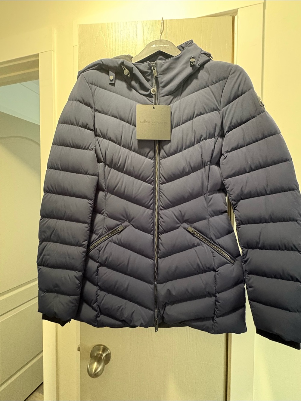 Moose Knuckles Navy Chevron Quilted Puffer Jacket with Hood